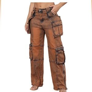 Ryehack Jeans Cargo Pants for Y2K Straight Leg Side Zipper Denim Pants